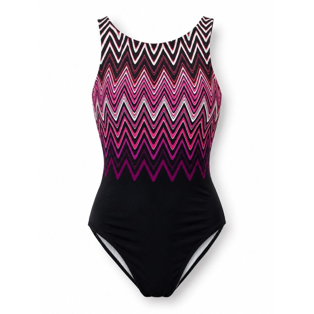 Reebok 2XL One Piece Swimsuit Black Pink Chevron Print Tummy Control Plus